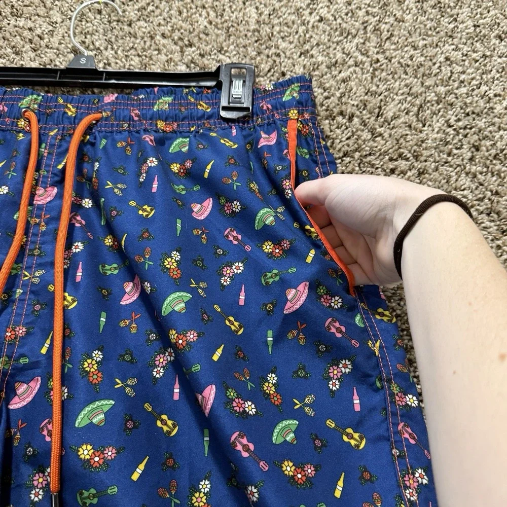 Beach Bros Swim Trunks Men's L Blue Mexican Fiesta Print Board Shorts Mesh Lined